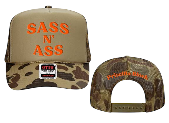 Sass N' Ass Green Camo Hat- Orange Logo
