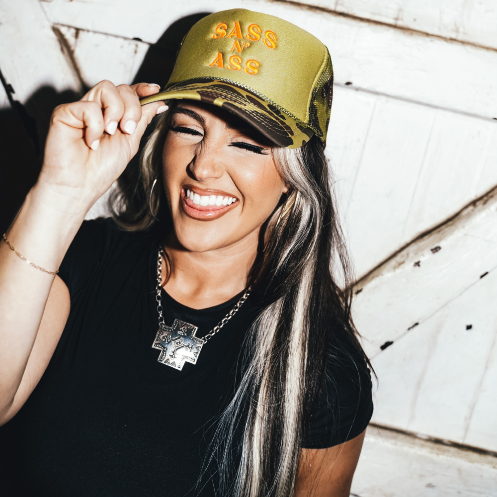 Sass N' Ass Green Camo Hat- Orange Logo