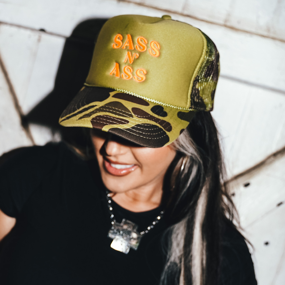 Sass N' Ass Green Camo Hat- Orange Logo